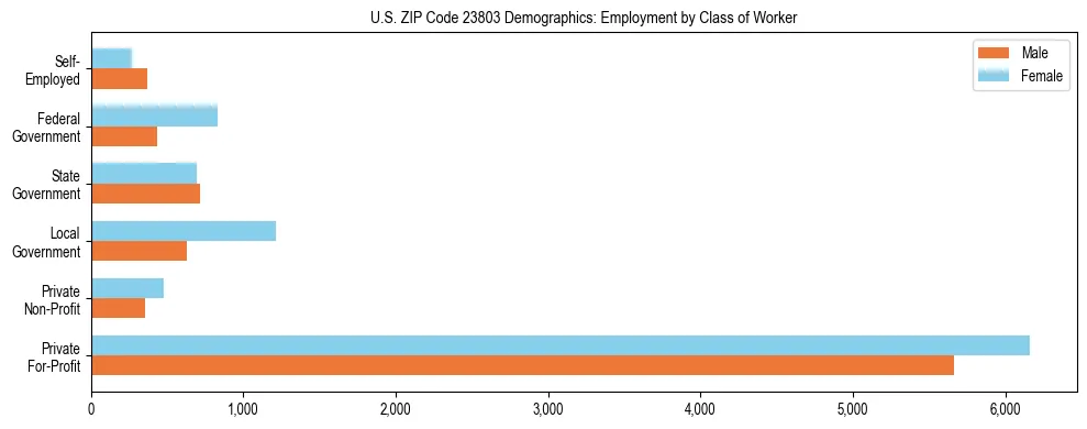 Horizontal bar chart showing employment distribution by class of worker and gender in US ZIP Code 23803, based on 2023 ACS data.