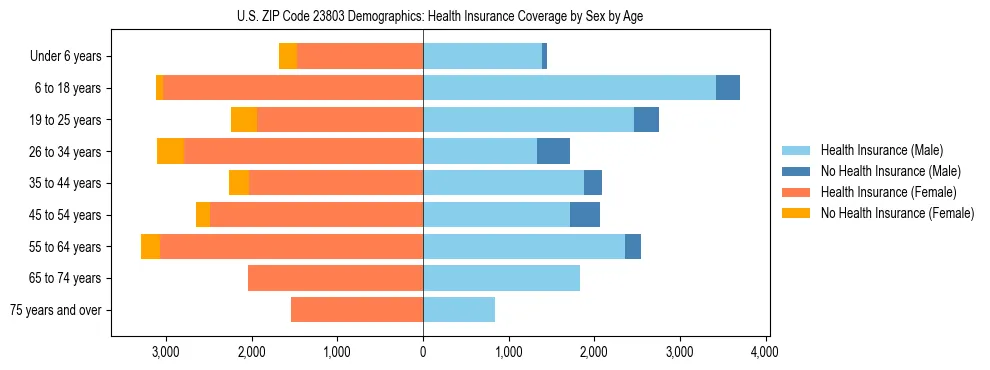 Pyramid chart showing health insurance coverage by age and sex in US ZIP Code 23803.