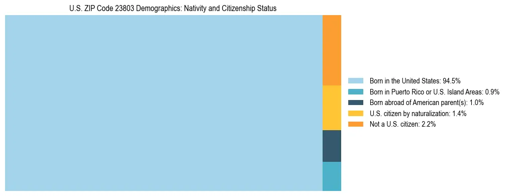 Treemap showing the population distribution by nativity and citizenship status in US ZIP Code 23803 based on U.S. Census data.