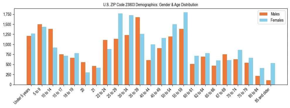 Bar chart showing the population distribution of US ZIP Code 23803 by age group and gender, based on 2023 ACS data.