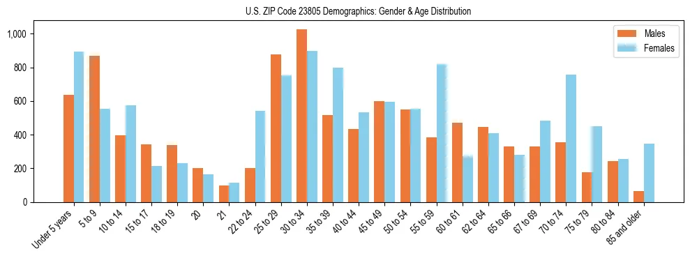 Bar chart showing the population distribution of US ZIP Code 23805 by age group and gender, based on 2023 ACS data.