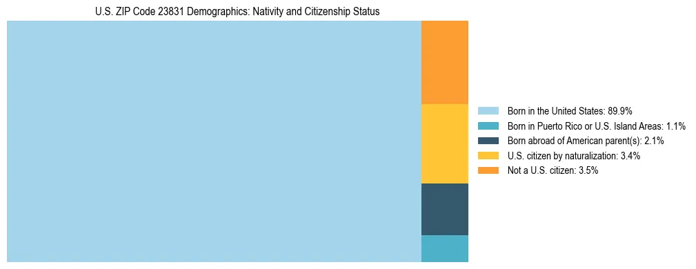 Treemap showing the population distribution by nativity and citizenship status in US ZIP Code 23831 based on U.S. Census data.