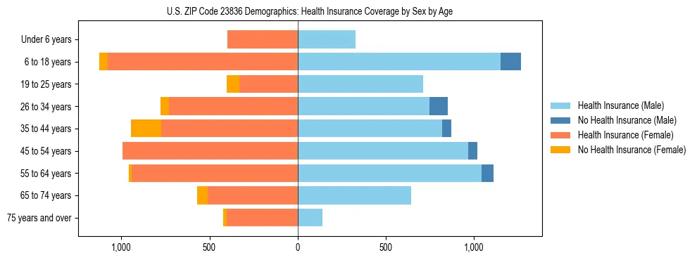 Pyramid chart showing health insurance coverage by age and sex in US ZIP Code 23836.