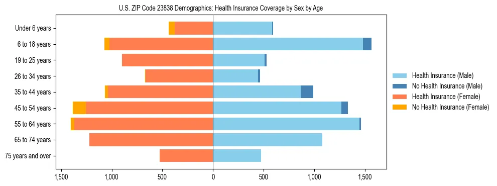 Pyramid chart showing health insurance coverage by age and sex in US ZIP Code 23838.