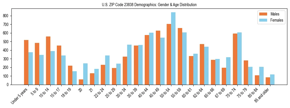 Bar chart showing the population distribution of US ZIP Code 23838 by age group and gender, based on 2023 ACS data.