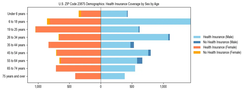 Pyramid chart showing health insurance coverage by age and sex in US ZIP Code 23875.