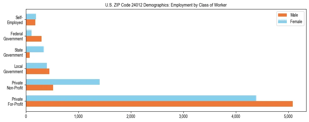 Horizontal bar chart showing employment distribution by class of worker and gender in US ZIP Code 24012, based on 2023 ACS data.