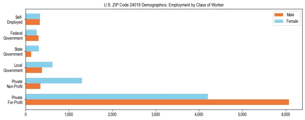 Horizontal bar chart showing employment distribution by class of worker and gender in US ZIP Code 24019, based on 2023 ACS data.