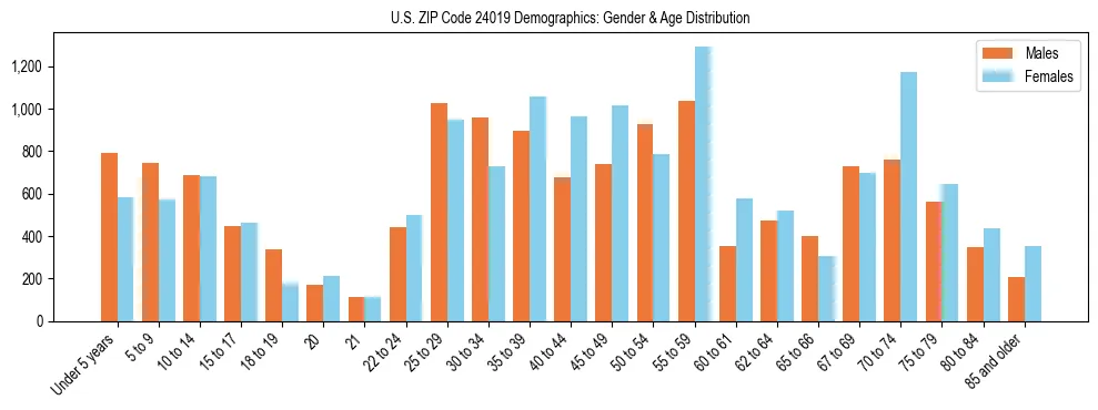 Bar chart showing the population distribution of US ZIP Code 24019 by age group and gender, based on 2023 ACS data.