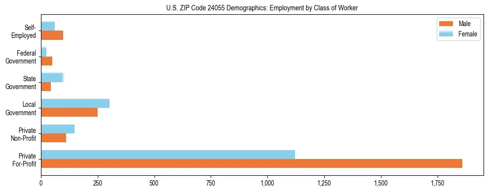Horizontal bar chart showing employment distribution by class of worker and gender in US ZIP Code 24055, based on 2023 ACS data.