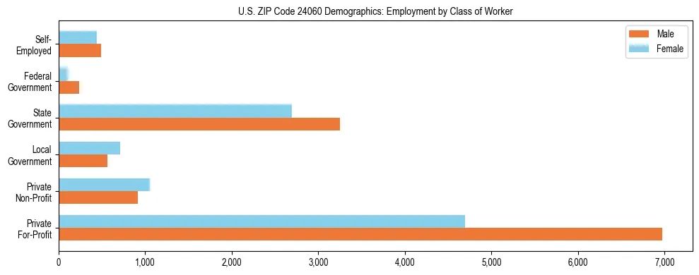 Horizontal bar chart showing employment distribution by class of worker and gender in US ZIP Code 24060, based on 2023 ACS data.