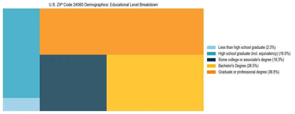 Treemap chart illustrating the educational attainment breakdown for population 25 years and over in US ZIP Code 24060.