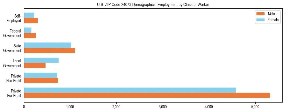 Horizontal bar chart showing employment distribution by class of worker and gender in US ZIP Code 24073, based on 2023 ACS data.