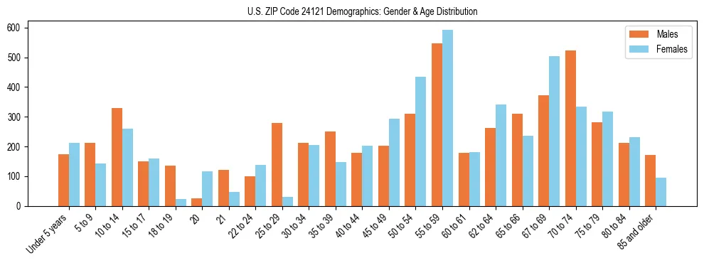 Bar chart showing the population distribution of US ZIP Code 24121 by age group and gender, based on 2023 ACS data.