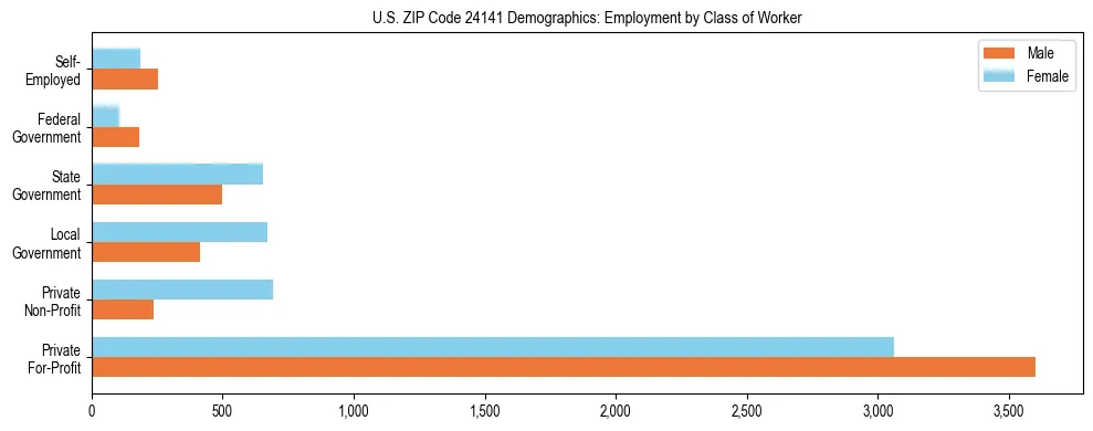 Horizontal bar chart showing employment distribution by class of worker and gender in US ZIP Code 24141, based on 2023 ACS data.