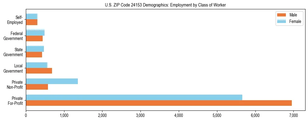 Horizontal bar chart showing employment distribution by class of worker and gender in US ZIP Code 24153, based on 2023 ACS data.