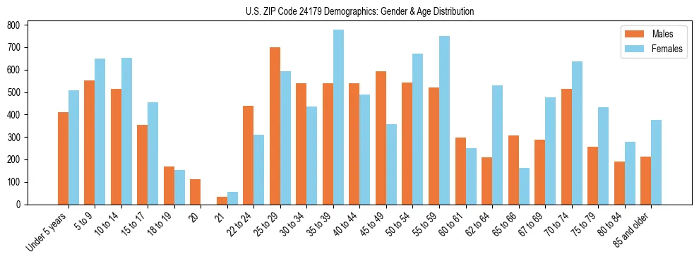 Bar chart showing the population distribution of US ZIP Code 24179 by age group and gender, based on 2023 ACS data.
