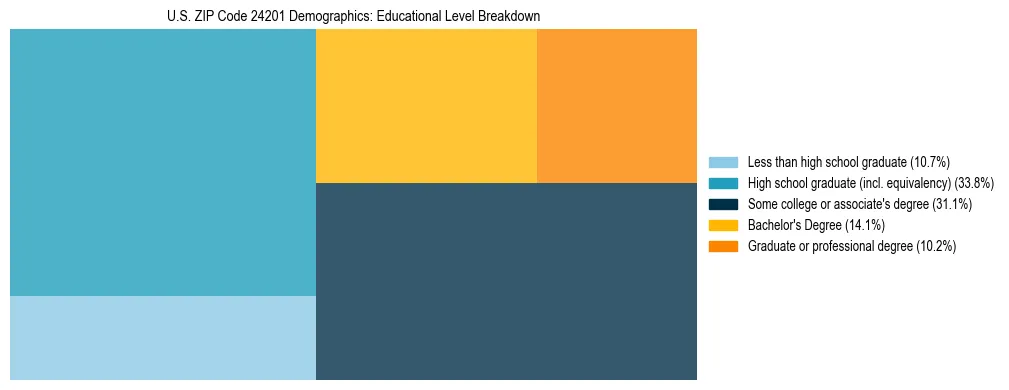 Treemap chart illustrating the educational attainment breakdown for population 25 years and over in US ZIP Code 24201.