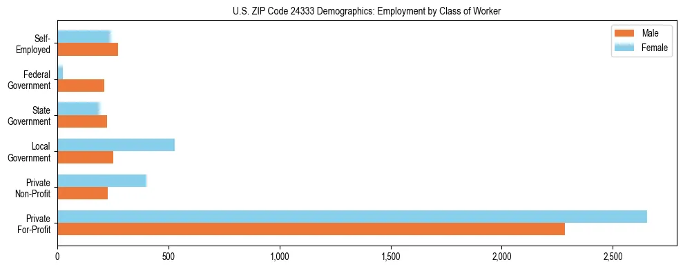 Horizontal bar chart showing employment distribution by class of worker and gender in US ZIP Code 24333, based on 2023 ACS data.