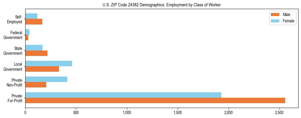 Horizontal bar chart showing employment distribution by class of worker and gender in US ZIP Code 24382, based on 2023 ACS data.