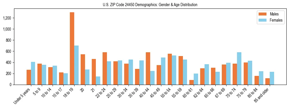 Bar chart showing the population distribution of US ZIP Code 24450 by age group and gender, based on 2023 ACS data.
