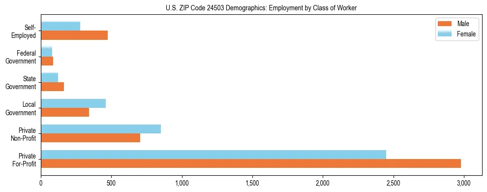 Horizontal bar chart showing employment distribution by class of worker and gender in US ZIP Code 24503, based on 2023 ACS data.