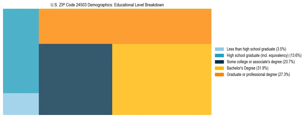 Treemap chart illustrating the educational attainment breakdown for population 25 years and over in US ZIP Code 24503.
