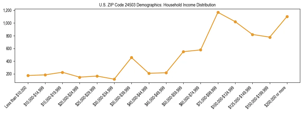 Horizontal bar chart showing household income distribution in US ZIP Code 24503.
