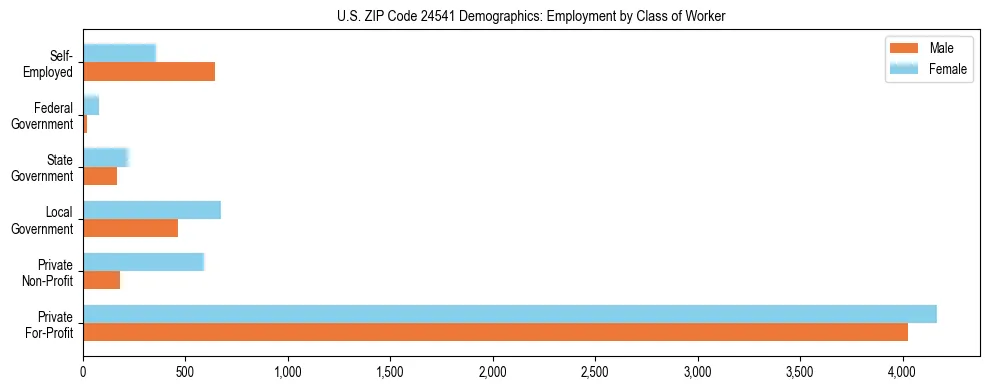 Horizontal bar chart showing employment distribution by class of worker and gender in US ZIP Code 24541, based on 2023 ACS data.