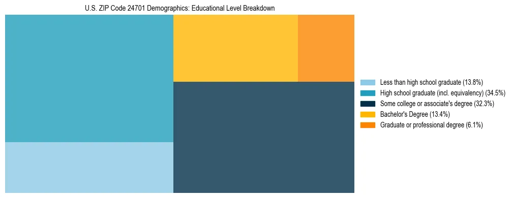 Treemap chart illustrating the educational attainment breakdown for population 25 years and over in US ZIP Code 24701.