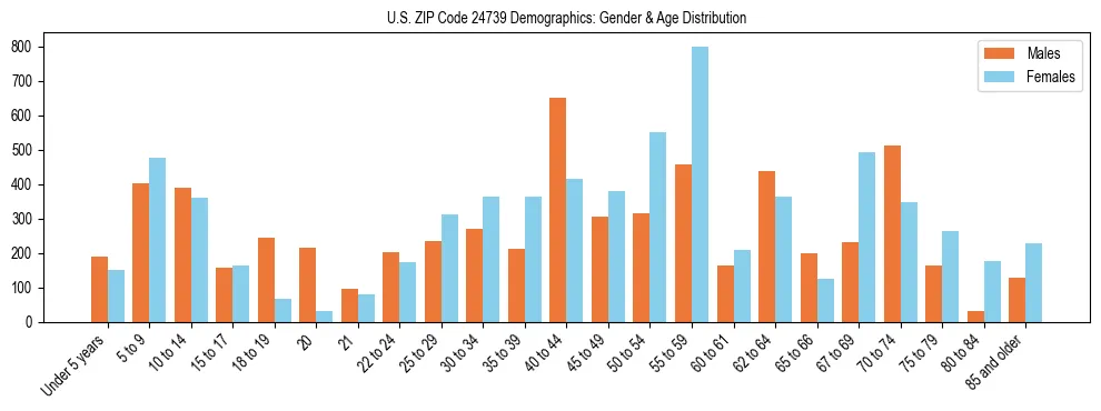 Bar chart showing the population distribution of US ZIP Code 24739 by age group and gender, based on 2023 ACS data.