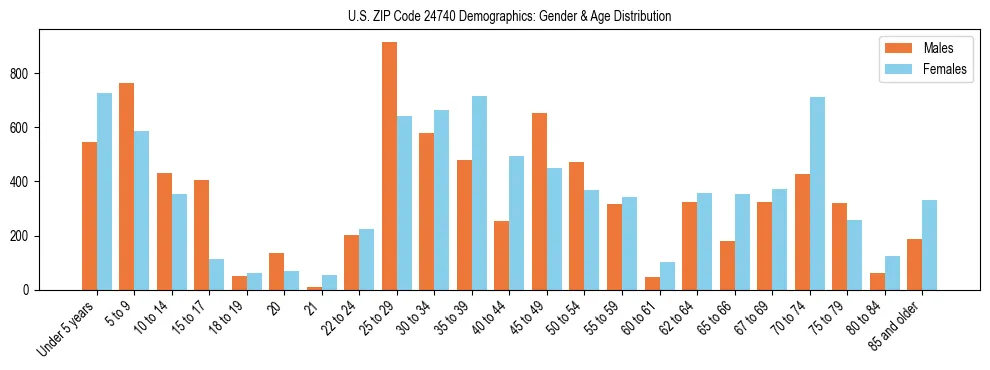 Bar chart showing the population distribution of US ZIP Code 24740 by age group and gender, based on 2023 ACS data.