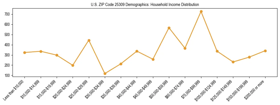 Horizontal bar chart showing household income distribution in US ZIP Code 25309.