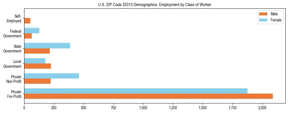 Horizontal bar chart showing employment distribution by class of worker and gender in US ZIP Code 25313, based on 2023 ACS data.
