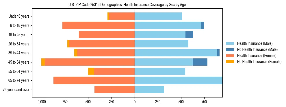 Pyramid chart showing health insurance coverage by age and sex in US ZIP Code 25313.
