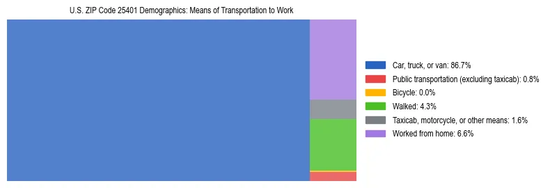 Treemap showing means of transportation to work distribution in US ZIP Code 25401.