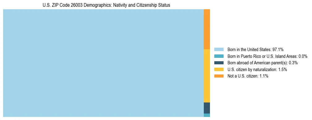 Treemap showing the population distribution by nativity and citizenship status in US ZIP Code 26003 based on U.S. Census data.