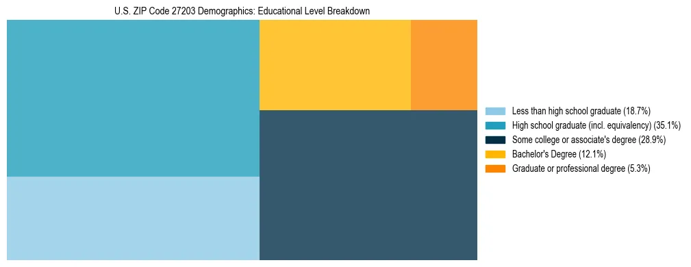 Treemap chart illustrating the educational attainment breakdown for population 25 years and over in US ZIP Code 27203.
