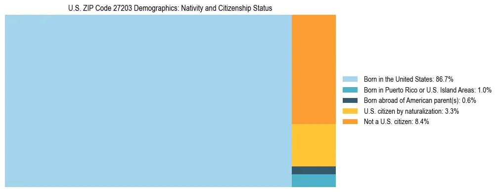 Treemap showing the population distribution by nativity and citizenship status in US ZIP Code 27203 based on U.S. Census data.