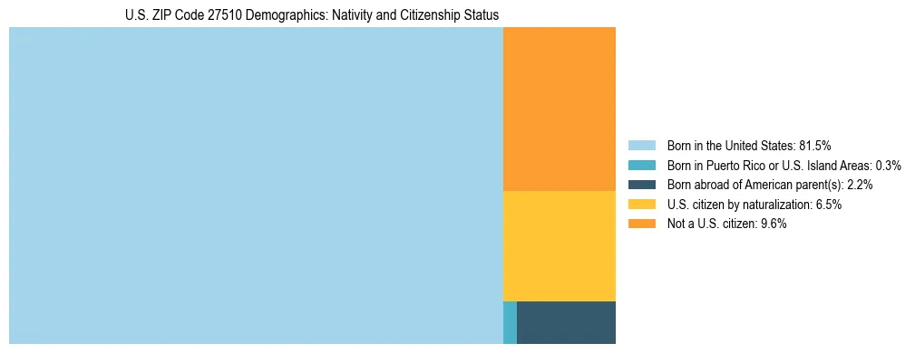 Treemap showing the population distribution by nativity and citizenship status in US ZIP Code 27510 based on U.S. Census data.