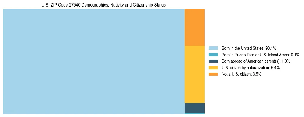 Treemap showing the population distribution by nativity and citizenship status in US ZIP Code 27540 based on U.S. Census data.