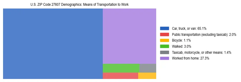 Treemap showing means of transportation to work distribution in US ZIP Code 27607.