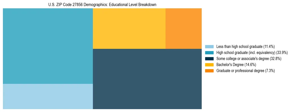 Treemap chart illustrating the educational attainment breakdown for population 25 years and over in US ZIP Code 27856.