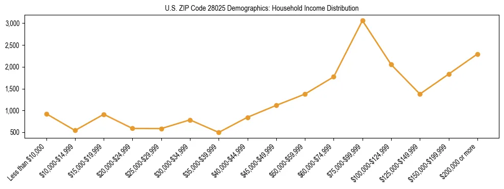 Horizontal bar chart showing household income distribution in US ZIP Code 28025.