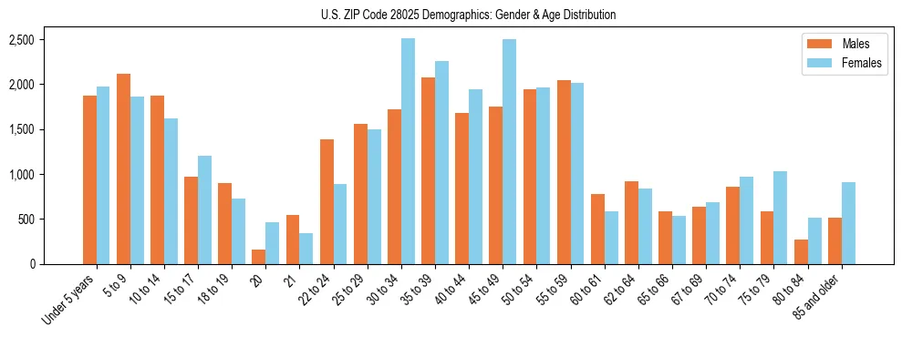 Bar chart showing the population distribution of US ZIP Code 28025 by age group and gender, based on 2023 ACS data.