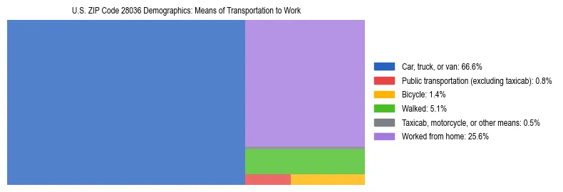 Treemap showing means of transportation to work distribution in US ZIP Code 28036.