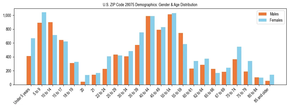 Bar chart showing the population distribution of US ZIP Code 28075 by age group and gender, based on 2023 ACS data.