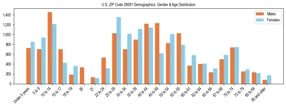 Bar chart showing the population distribution of US ZIP Code 28081 by age group and gender, based on 2023 ACS data.