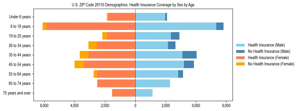 Pyramid chart showing health insurance coverage by age and sex in US ZIP Code 28110.