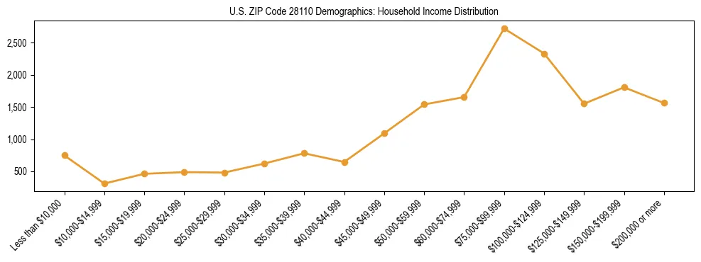 Horizontal bar chart showing household income distribution in US ZIP Code 28110.